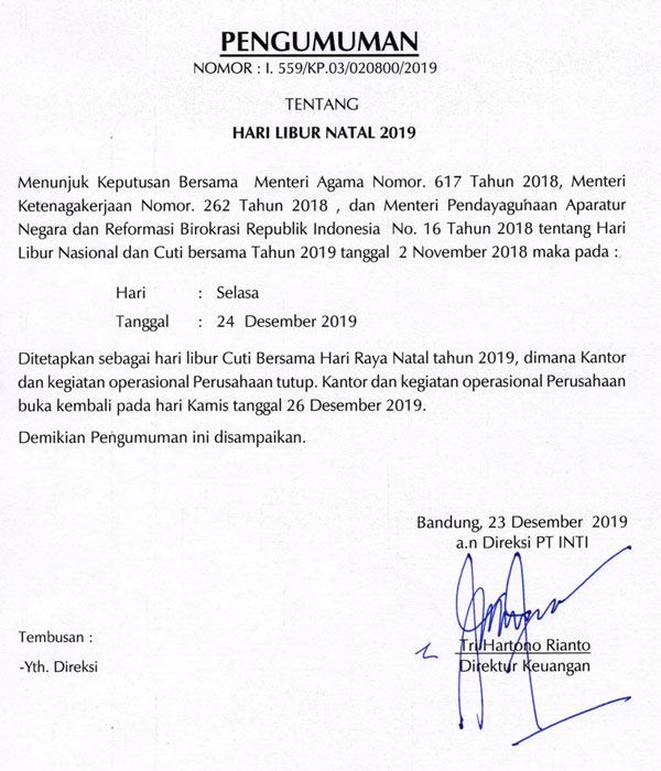 NEWS: PENGUMUMAN HARI LIBUR BERSAMA LIBUR NATAL TAHUN 2019